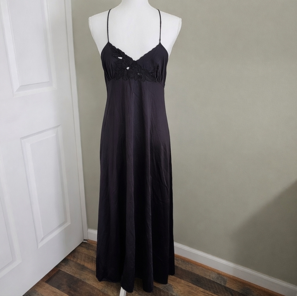 Vintage Shadowline Black Slip Dress Backless Floral Maxi Nightgown 90s Y2K - Picture 1 of 9
